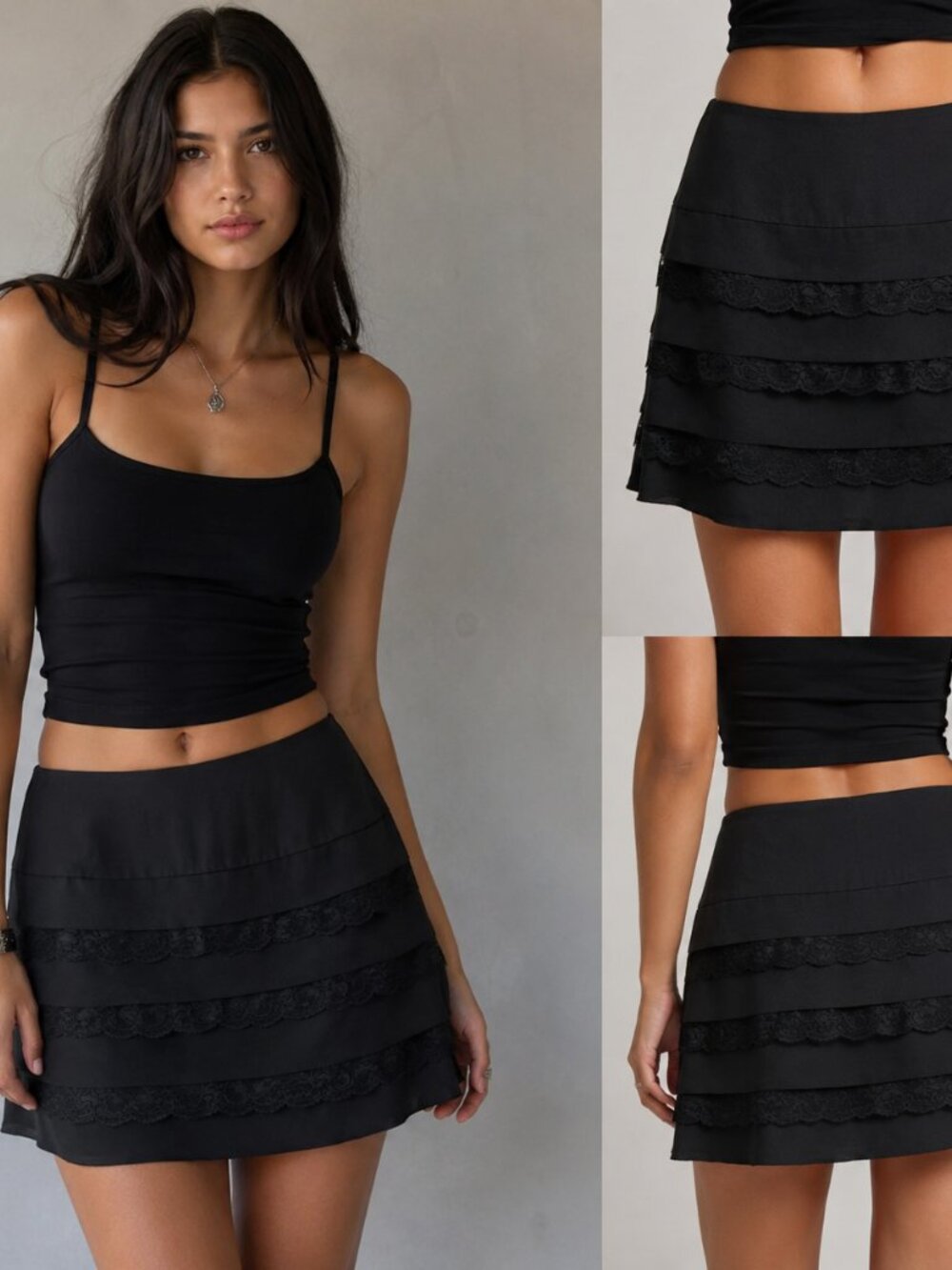 New Jacob Black Tiered Lace Fringe Mini Skirt
